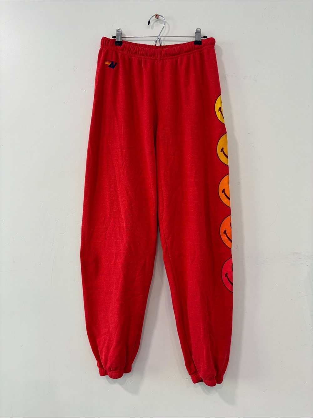 Aviator Nation Women’s Red Smiley Graphic Fleece Jogger Pants Size L